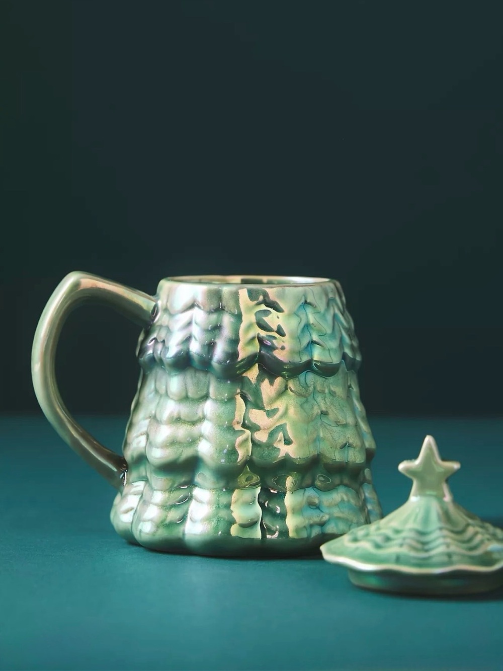 NEW Anthropologie Merry Luster Tree Lidded Stoneware Mug, Green 🌲